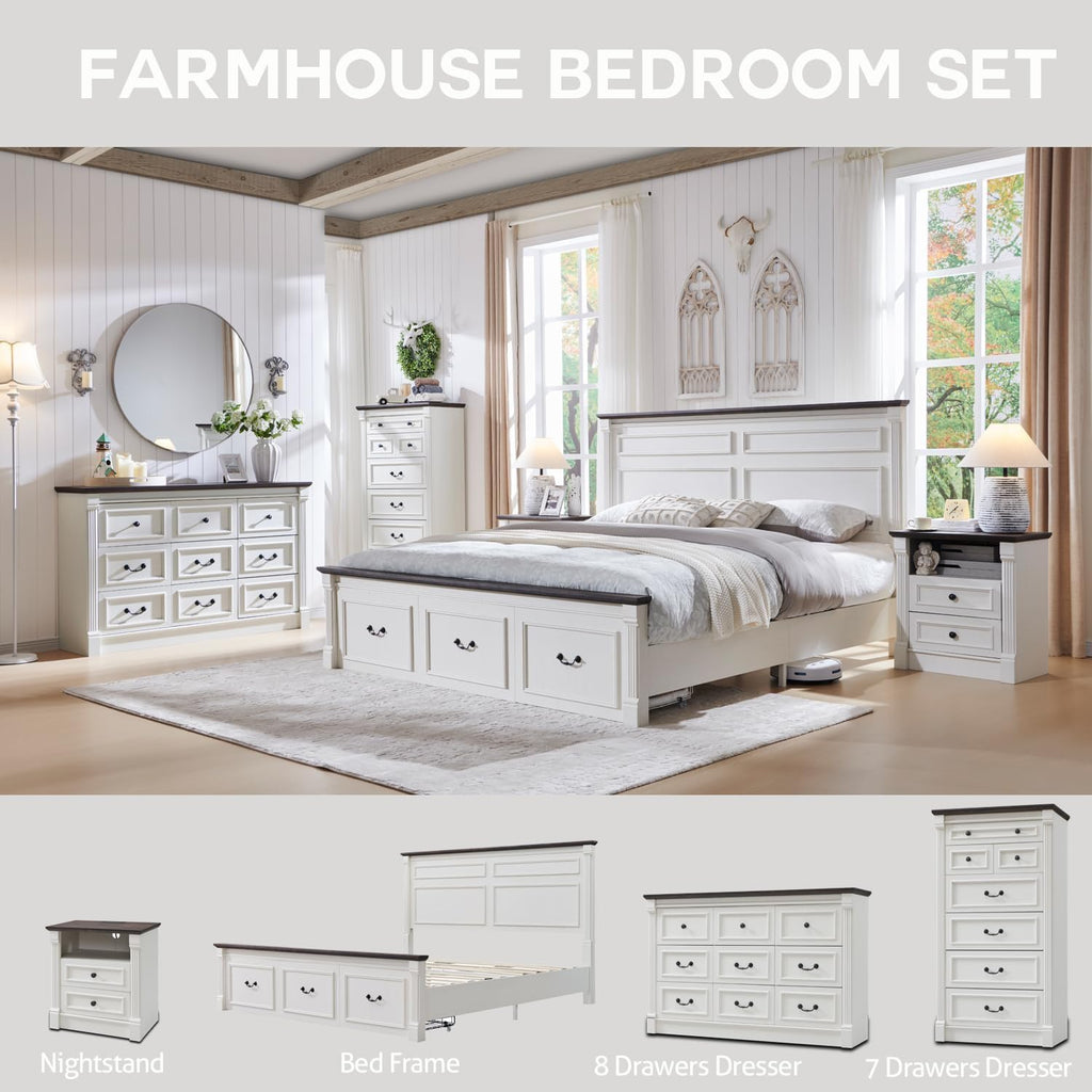 Farmhouse King Size Bed Frame with 51" Tall Headboard, Wood Platform Bed Frame with 20" Tall Roman Column Decoration Footboard & 3 Large Storage Drawers, No Box Spring Needed (White)
