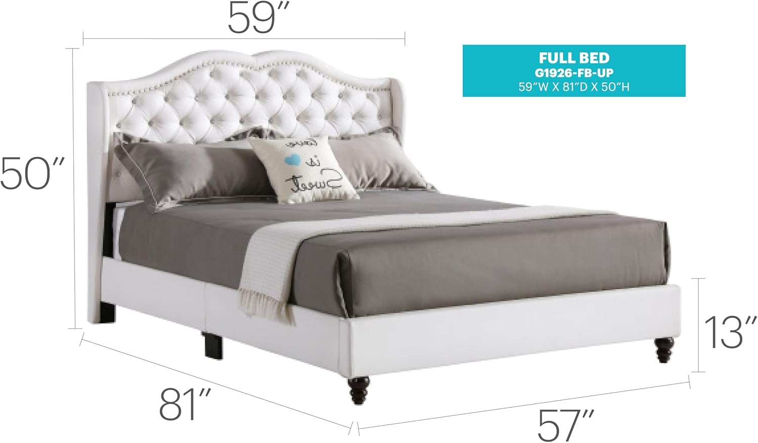 GDFStudio PU Upholstered Bed Frame with Padded Wingback Headboard, Transitional Platform Design, Box Spring Required, Easy Assembly, Full Size Bed for Modern and Classic Bedrooms,50" H White