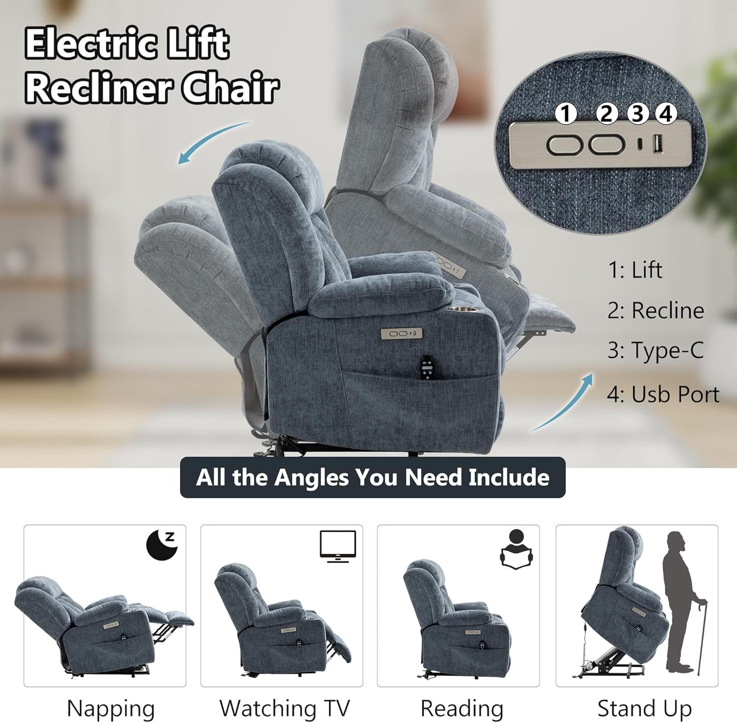 PELUMY Power Lift Recliner Chair for Elderly (Blue Gray)