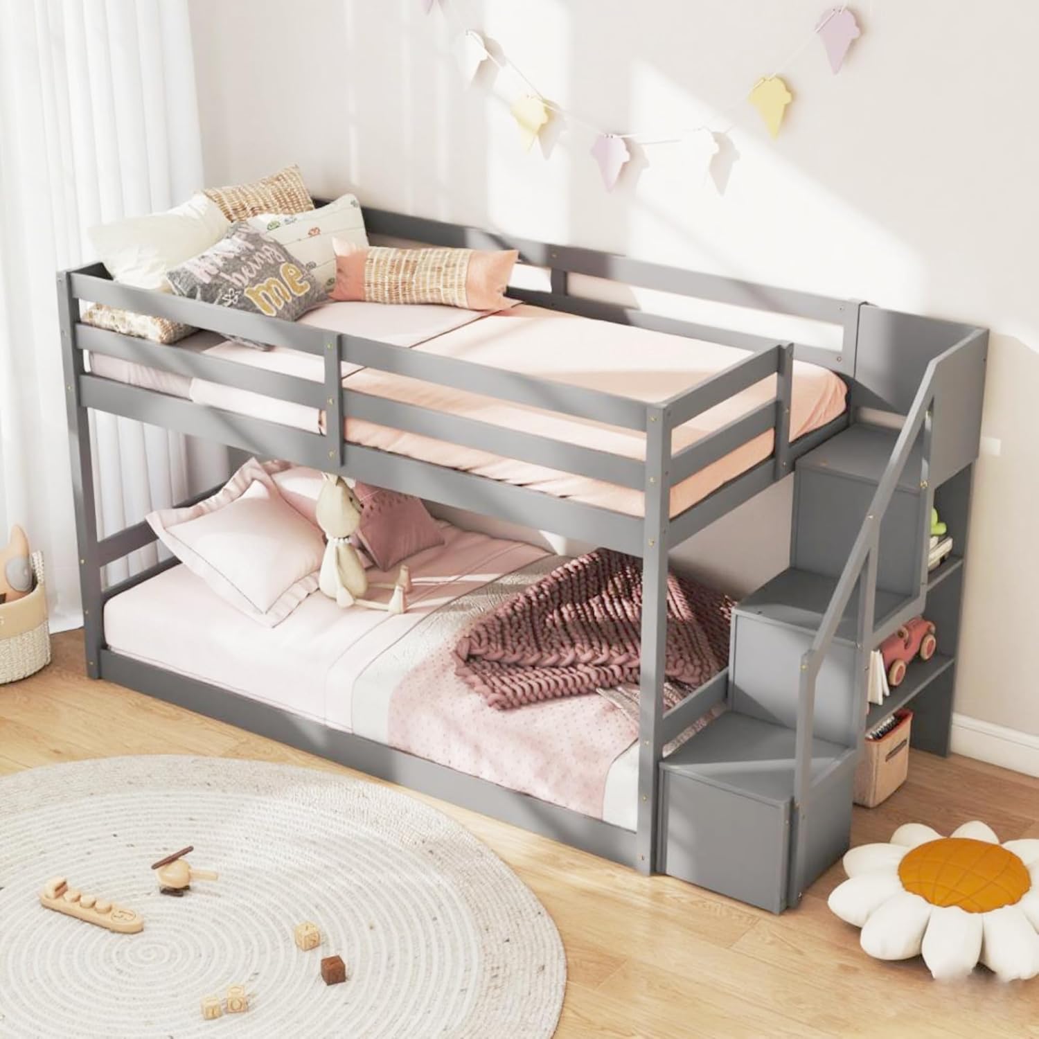 KOMFOTT Wood Twin Over Twin Low Bunk Bed with Storage Staircase, Wooden Bunk Bed Frame with Full-Length Guardrails, Low Profile Kids Bed with Slats Support, No Box Spring Needed (Grey)
