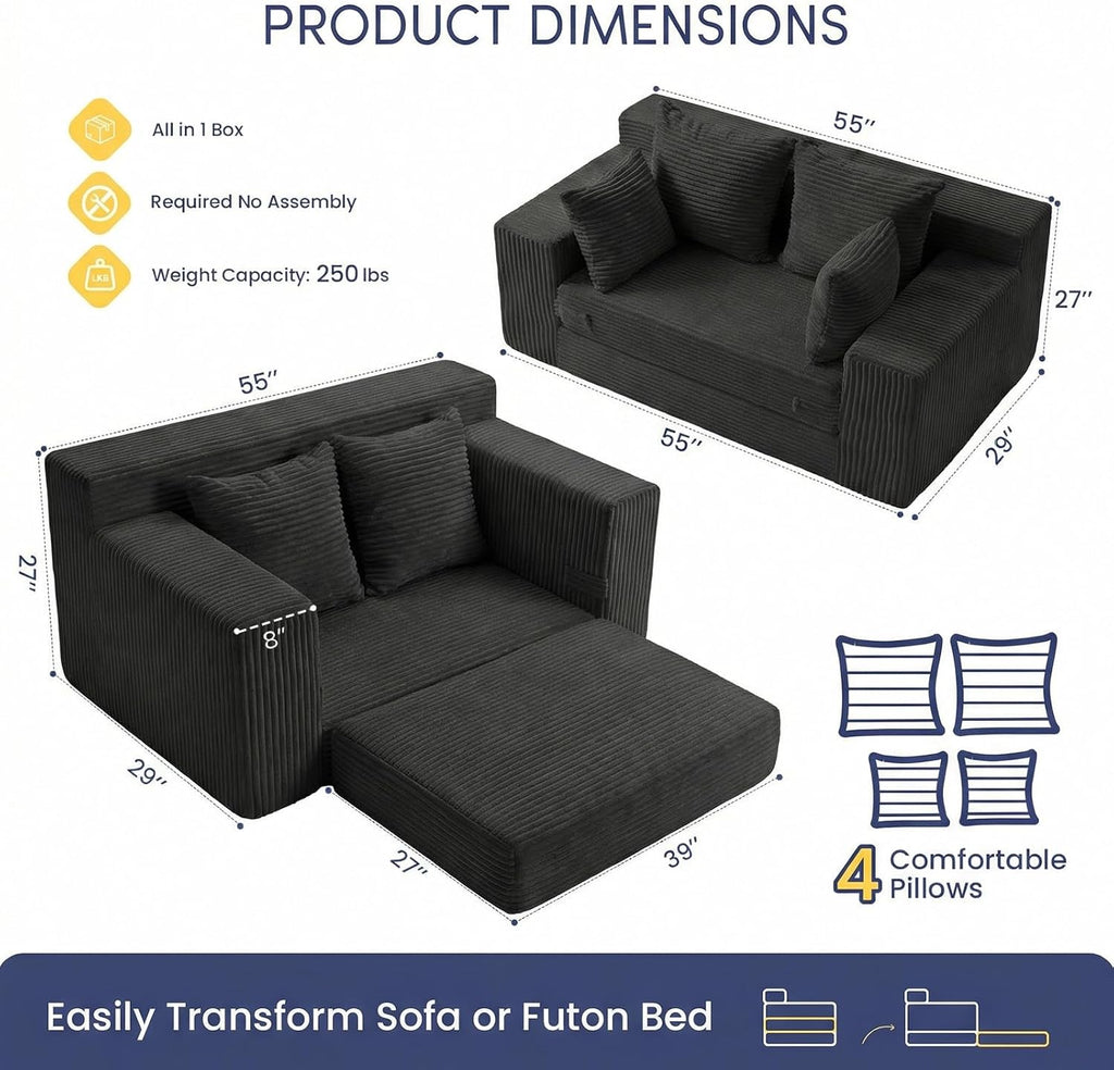 Boneless Couch Loveseat Sleeper, Convertible Sofa Bed Folding Couch Bed Foldable, 2 in 1 Boneless Chair Bed & Futon Sofa Bed, Small Pull Out Sofa with 4 Pillows for Living Room, Black | No Assembly, Convertible, 2 in 1, Pull Out Handle, 4 Pillows
