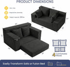 Boneless Couch Loveseat Sleeper, Convertible Sofa Bed Folding Couch Bed Foldable, 2 in 1 Boneless Chair Bed & Futon Sofa Bed, Small Pull Out Sofa with 4 Pillows for Living Room, Black | No Assembly, Convertible, 2 in 1, Pull Out Handle, 4 Pillows