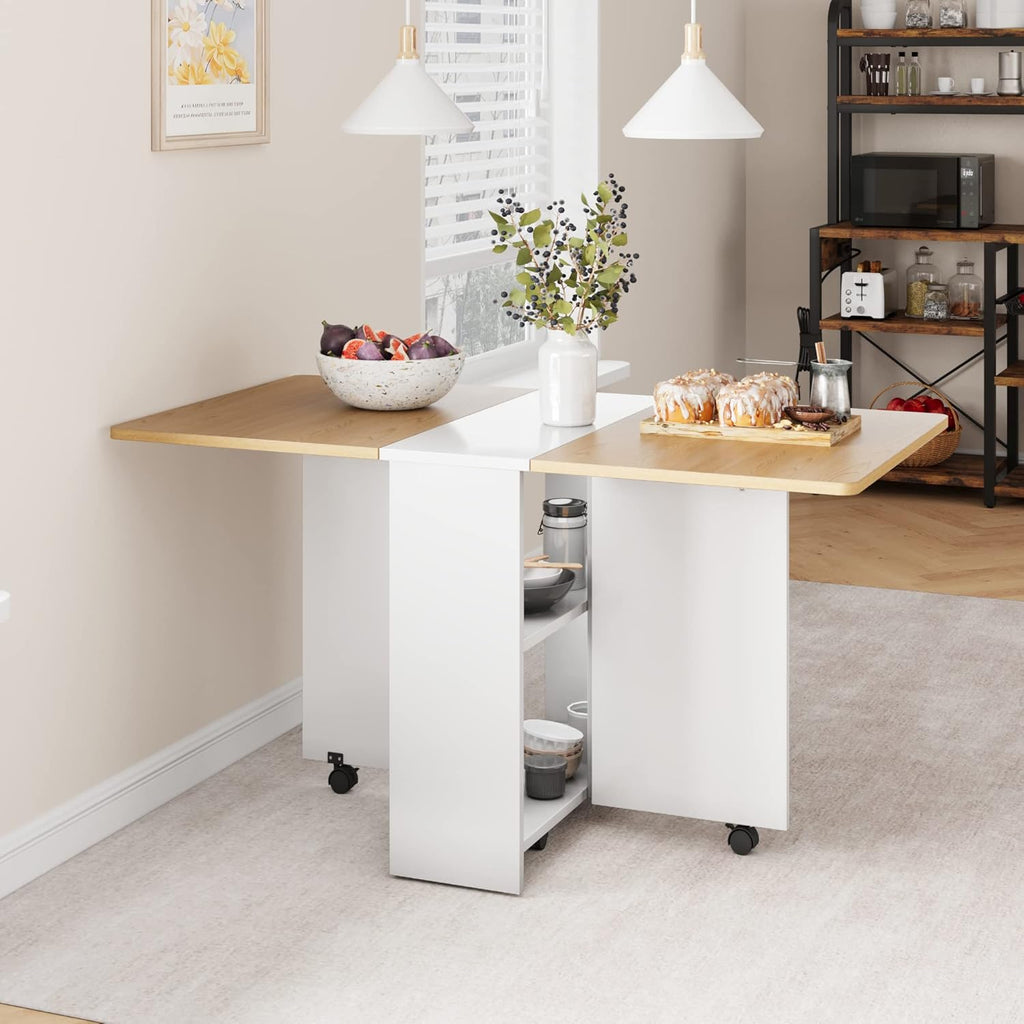 Space Saving Folding Dining Table with 2 Tier Storage-Extendable Drop Leaf Farmhouse Wood Kitchen Dining Room Tables Set for 4, Collapsible Expandable Rectangle Dinner Kitchen Office Furniture