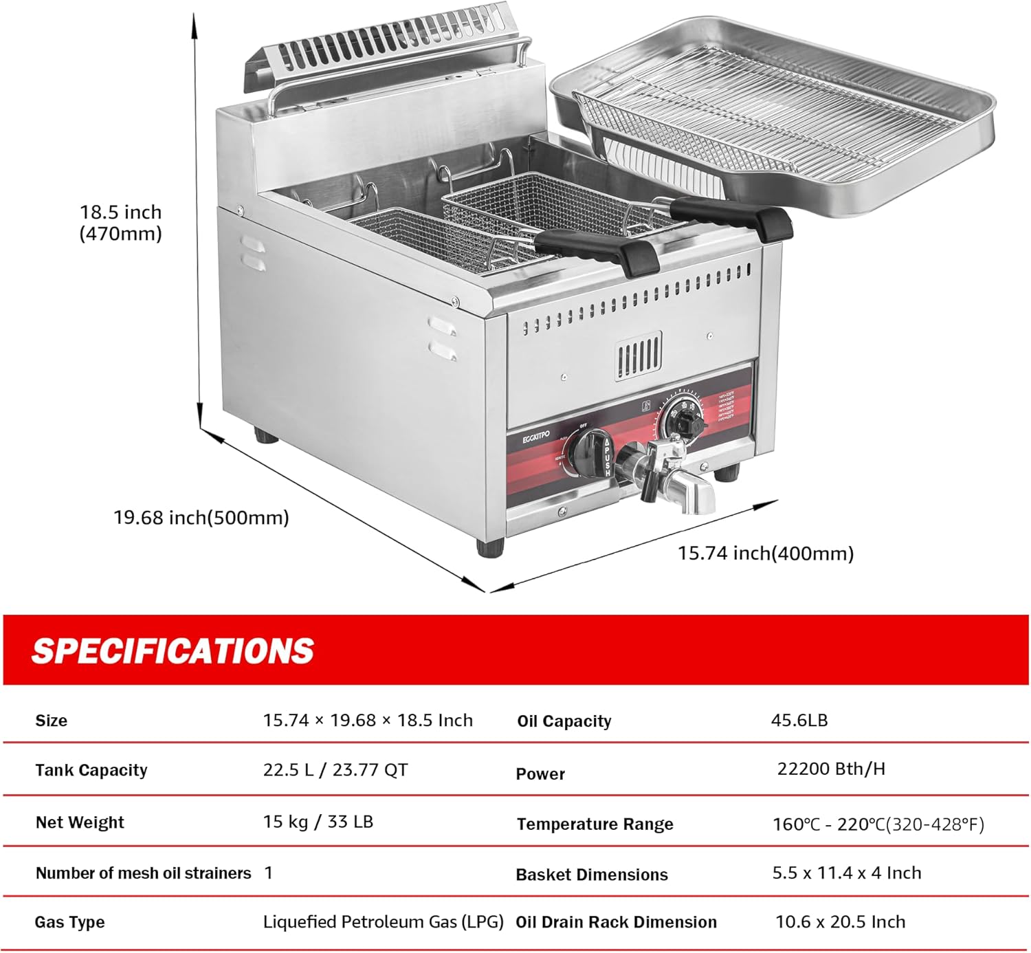 EGGKITPO 45.6LB Commercial Propane Gas Fryer with ignition 22200 BTU/h 2 Baskets Stainless Steel Oil Drain Rack Flat Lid Countertop Deep Fryer with Temp Control and Valve for Food Truck Restaurant