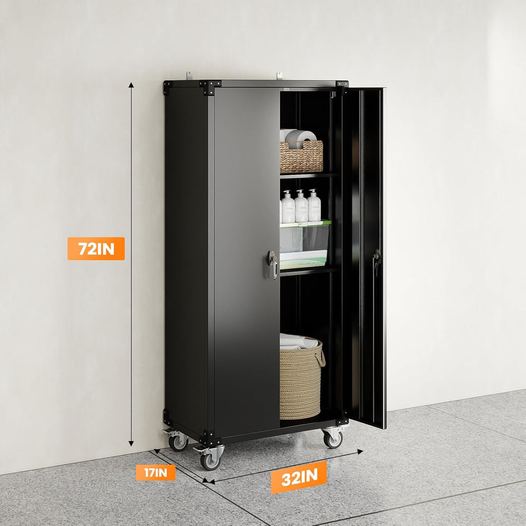 DUMOS 72" Metal Garage Storage Cabinet with Wheels, Tall Rolling Steel Tool Cabinet with Adjustable Shelves and Locking Doors, Lockable File Cabinet for Garage, Home, Office, Warehouse, Black