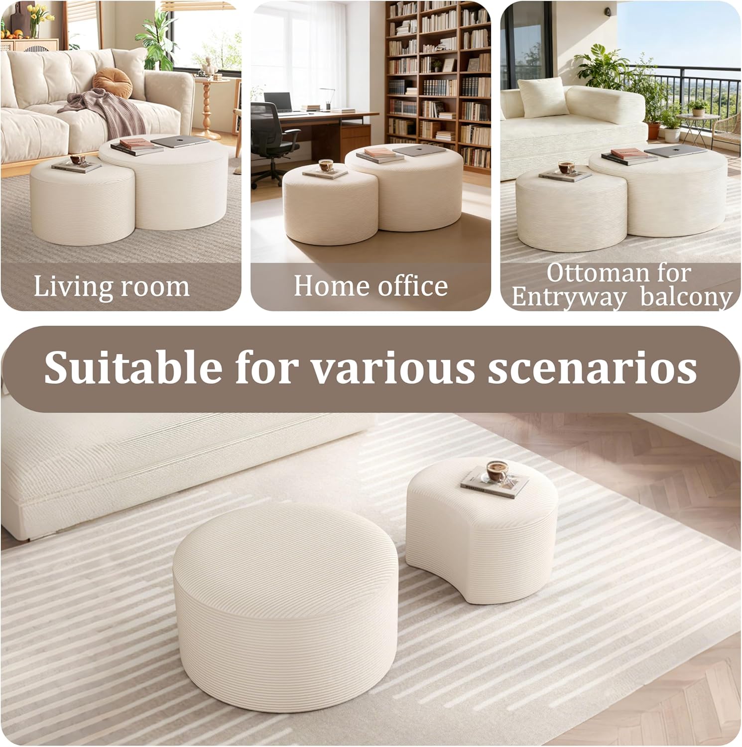 BSHOMGI Round Coffee Table Set of 2, Movable Ottoman for Corduroy Cloud Sectional Couches Circle Foam Round Side Table for Living Room, Entryway Set, 32"+17" Footrest No Assembly (Beige, 32"+17")