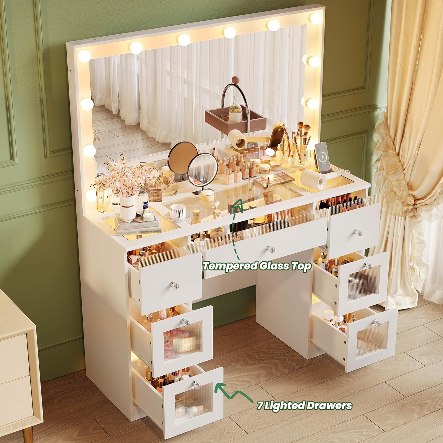 Vanity Desk with Mirror and Lights 3 Colors, Glass Top Vanity with 7 Lighted Drawers & Power Outlet, Makeup Desk with Mirror for Women, Dressing Table for Bedroom, White