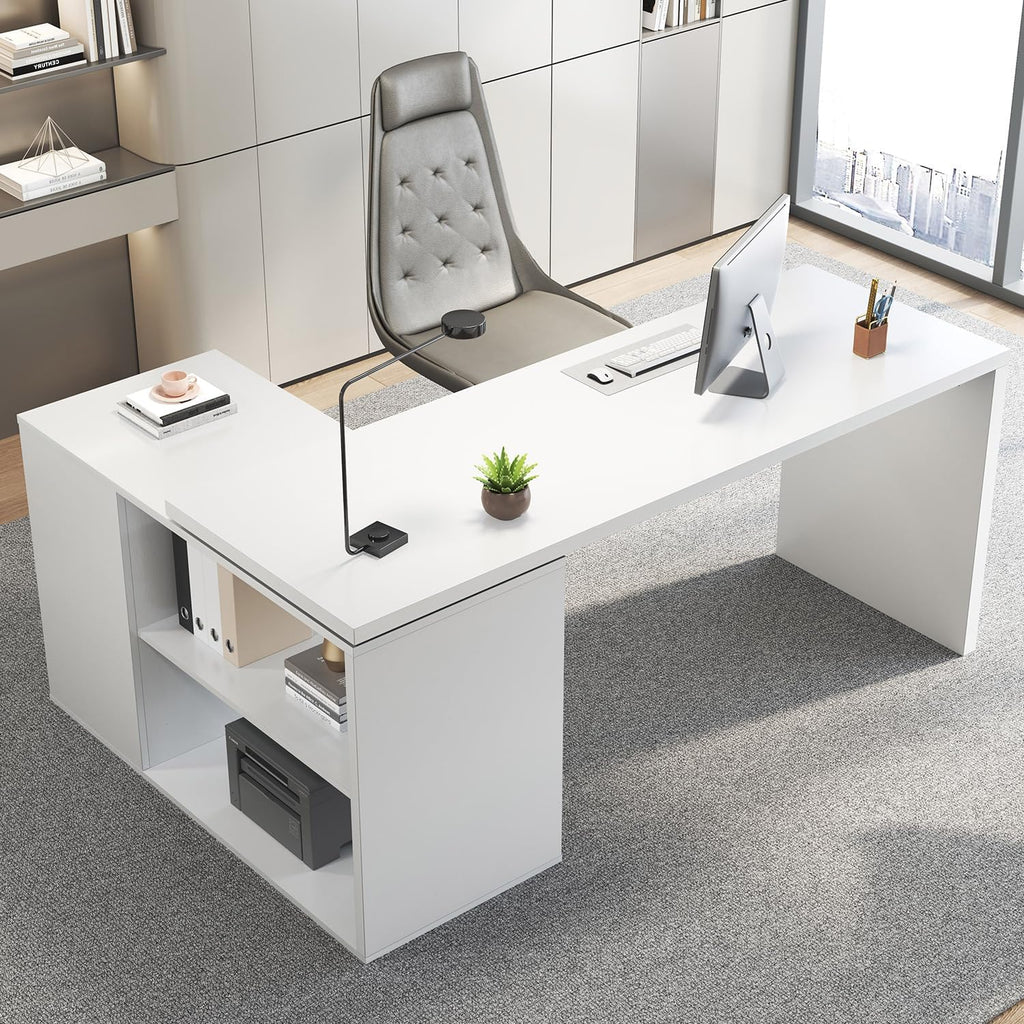 HSH White L Shaped Desk with Drawers Shelves, 360 Rotating Office Computer Desk with Storage Cabinet, Corner Home Office Desk Computer Table .55 Inch