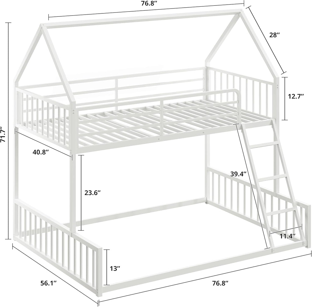LIKIMIO Bunk Bed Twin Over Full Size, House Bunk Bed Frame with Ladder and Guardrail, House Shaped with Metal Slats Support No Box Spring Needed Space Saving for Bedroom and Dorm, White