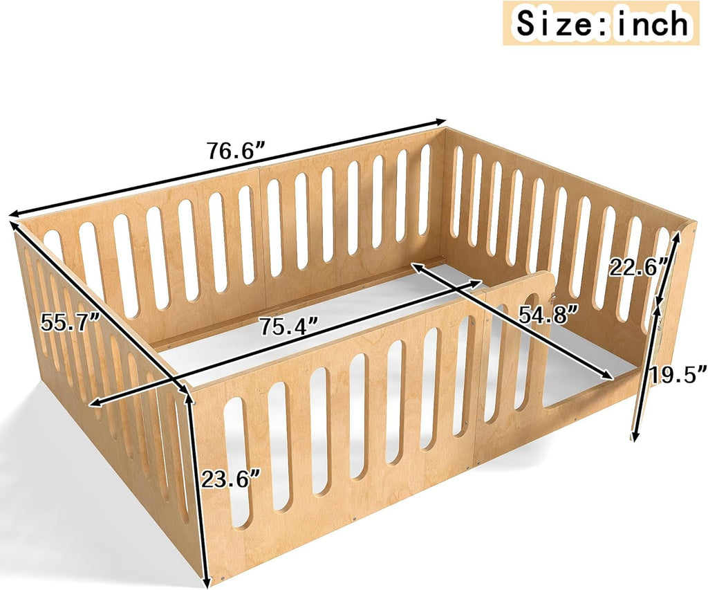 Bellemave Full Size Kids Montessori Floor Bed,Full Size Floor Bed Frame with High Fence and Door,Solid Wood Montessori Bed for Girls Boys,Natural