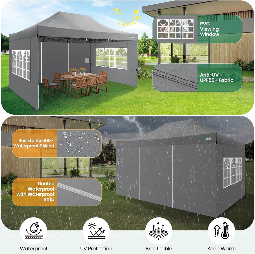 COBIZI 10x15 Heavy Duty Pop up Canopy Tent with 4 sidewalls  Commercial Outdoor Tents for Parties Backyard Event  Wedding  All Season Waterproof Event Shelter with Carry Bag  Gray(Frame Thickened)