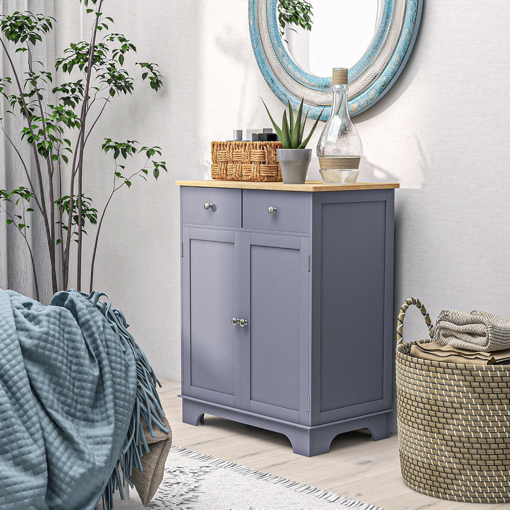 HOMCOM Sideboard Buffet Cabinet with Solid Wood Countertop, Modern Kitchen Storage Cabinet, Coffee Bar Cabinet with 2 Drawers, Doors and Adjustable Shelf, Gray
