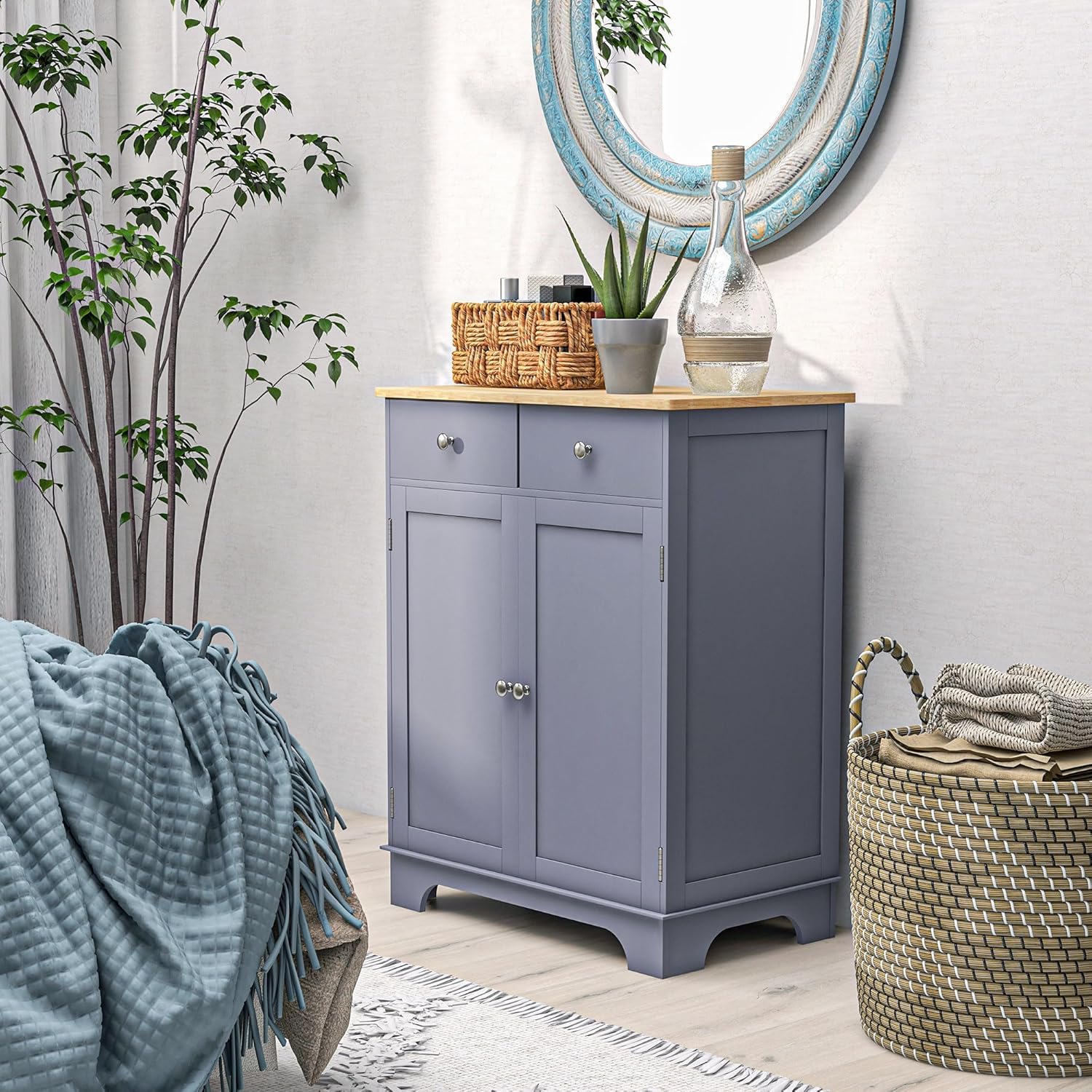 HOMCOM Sideboard Buffet Cabinet with Solid Wood Countertop, Modern Kitchen Storage Cabinet, Coffee Bar Cabinet with 2 Drawers, Doors and Adjustable Shelf, Gray