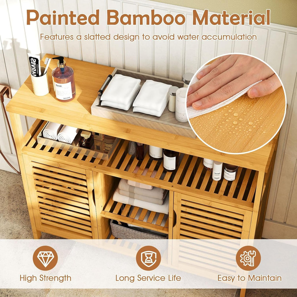 Giantex Bamboo Bathroom Storage Cabinet, 2-Door Storage Organizer with Shelves, Freestanding Floor Cabinet, Slatted Bamboo Home Furniture for Living Room Entryway Kitchen Dining Room, Natural