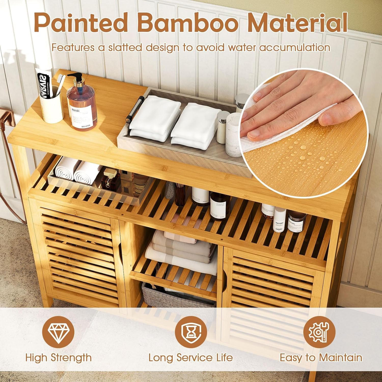 Giantex Bamboo Bathroom Storage Cabinet, 2-Door Storage Organizer with Shelves, Freestanding Floor Cabinet, Slatted Bamboo Home Furniture for Living Room Entryway Kitchen Dining Room, Natural