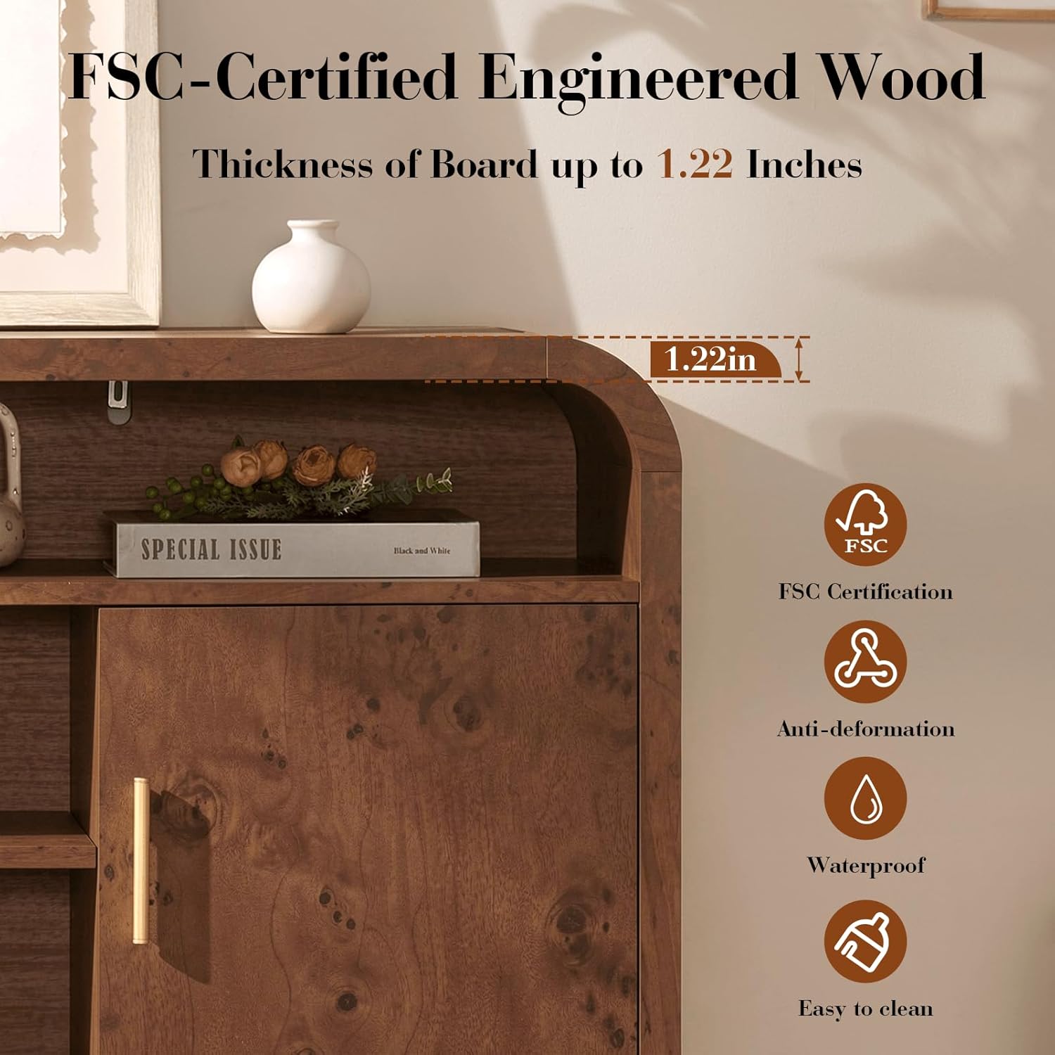 TV Stand for TVs Up to 65'' - Unique Curved Profile, FSC-Certified Wooden Board Entertainment Center with Adjustable Shelves and Storage Cabinet Modern Media Console for Living Room