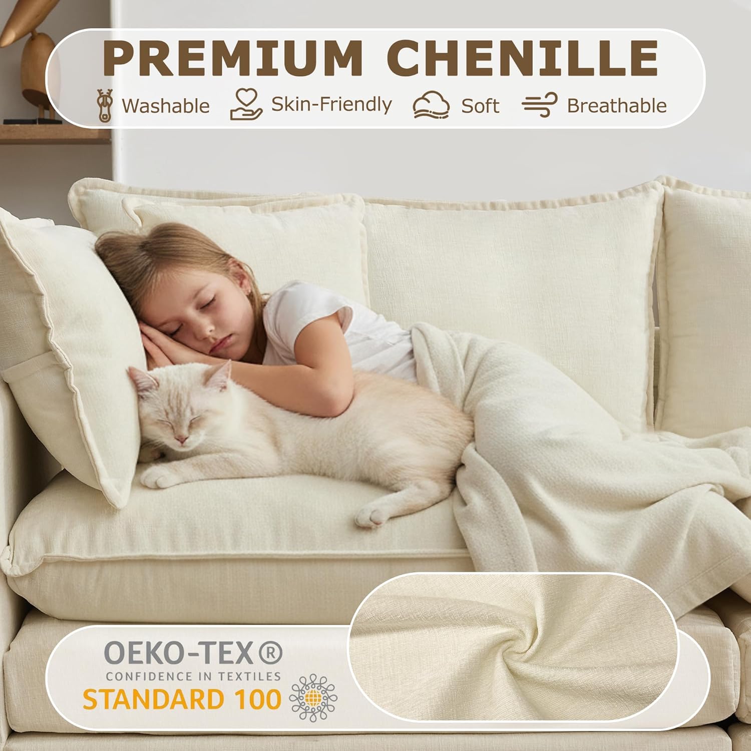 78" Modular Sectional Sofa, Cloud Couch Loveseat Sofa with 2 Movable Ottoman, Comfy Chenille Deep Seat Sofa with Throw Pillows, 4 Seat Modern Couches for Living Room, Bedroom and Apartment, Beige