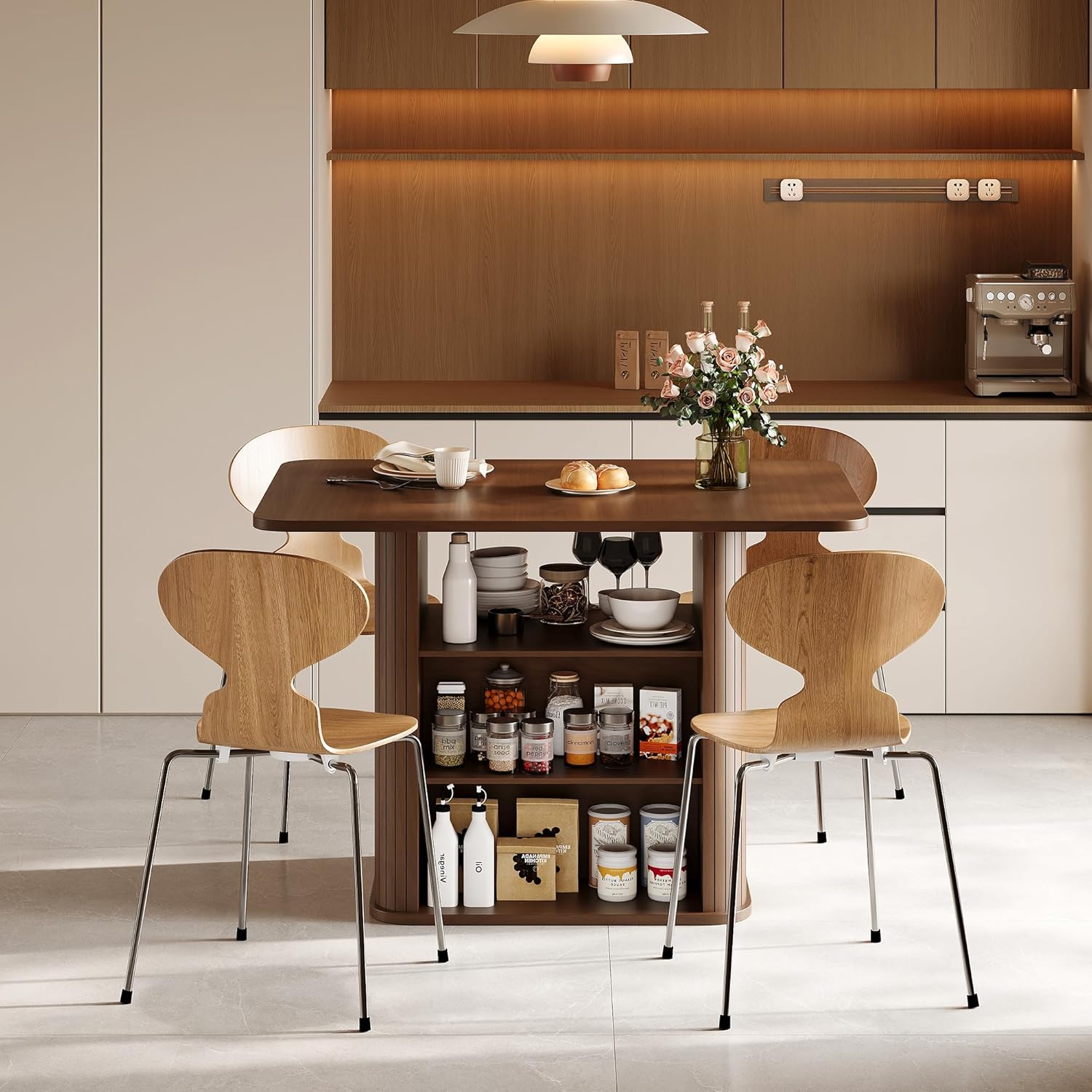 FUQARHY Dining Table for 4, Small Rectangular Kitchen Table for 2 with 3-Tier Storage Shelf, Farmhouse Modern Fluted Wood Table (Walnut)
