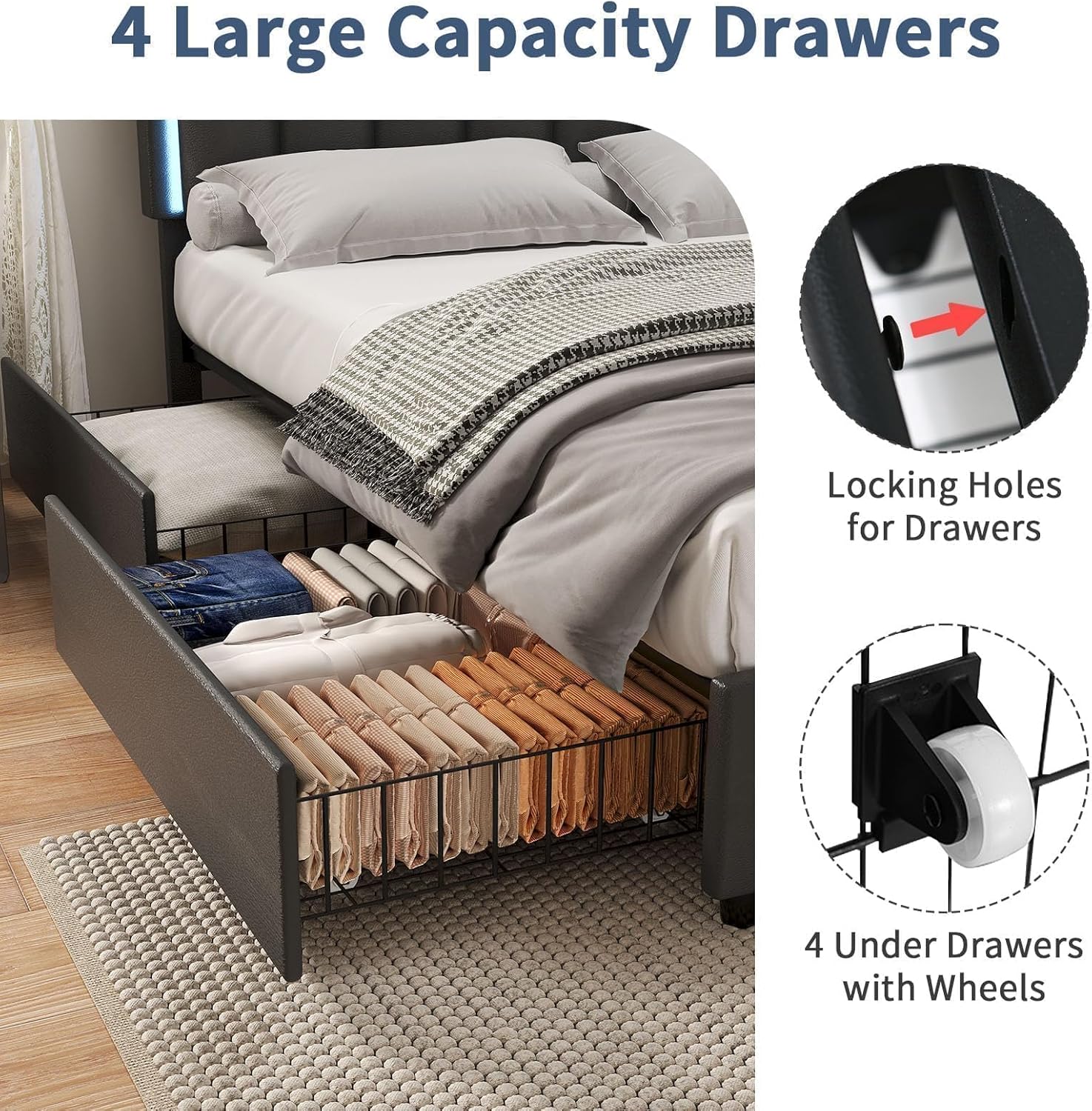 Queen Size Bed Frame with 4 Storage Drawers, Faux Leather Upholstered Bed Frame Queen with Headboard, RGB LED Ligths, Heavy Duty Metal and Wood Slat Support, No Box Spring Needed, Easy Assembly, Black