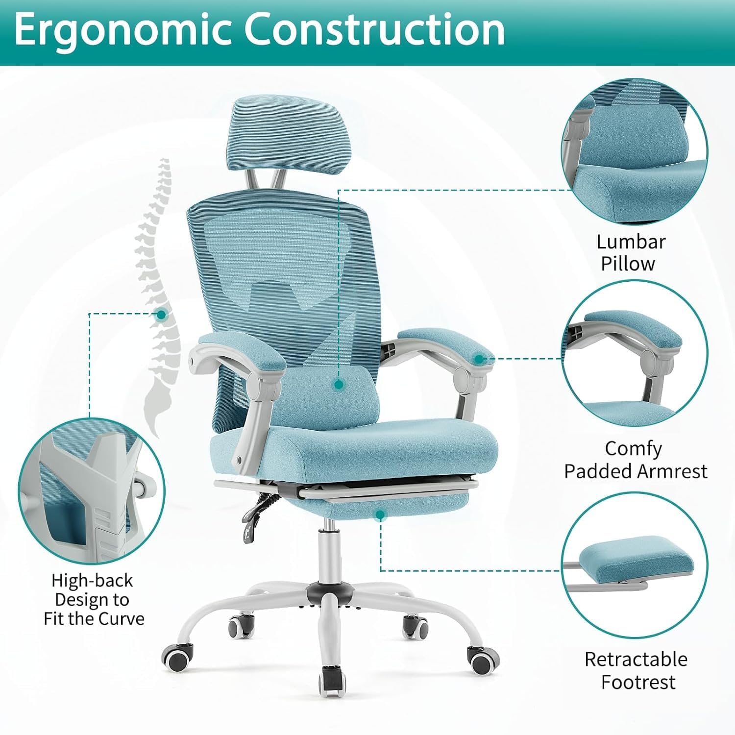 Simple Deluxe Home Office Desk Chair with Footrest, High-Back Mesh Rolling Swivel Reclining Chairs with Wheels, Comfortable Headrest, Lumbar Support, Comfy Arms