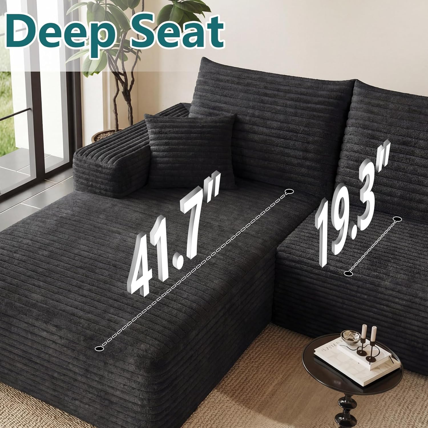 95" U-Shape Cloud Couch, Modern Modular Sectional L-Shape Sofa with Ottoman, Corduroy Upholstered Couches Deep Seat Sleeper Chaise Longue for Living Room, No Assembly Required(Black, Left Facing)