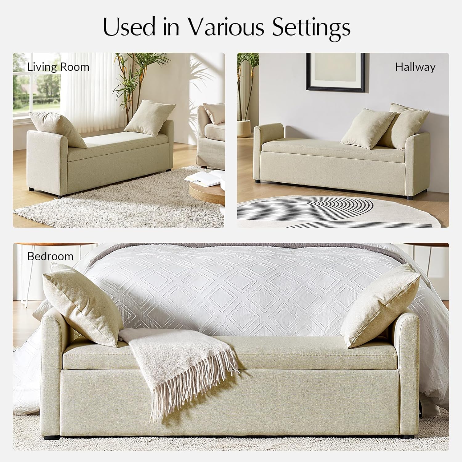 59.5" Modern Storage Ottoman Bedroom Bench, End of Bed Bench with Arms and Throw Pillows, Footrest Stool for Living, Dining Room, Entryway and Hallway, Beige