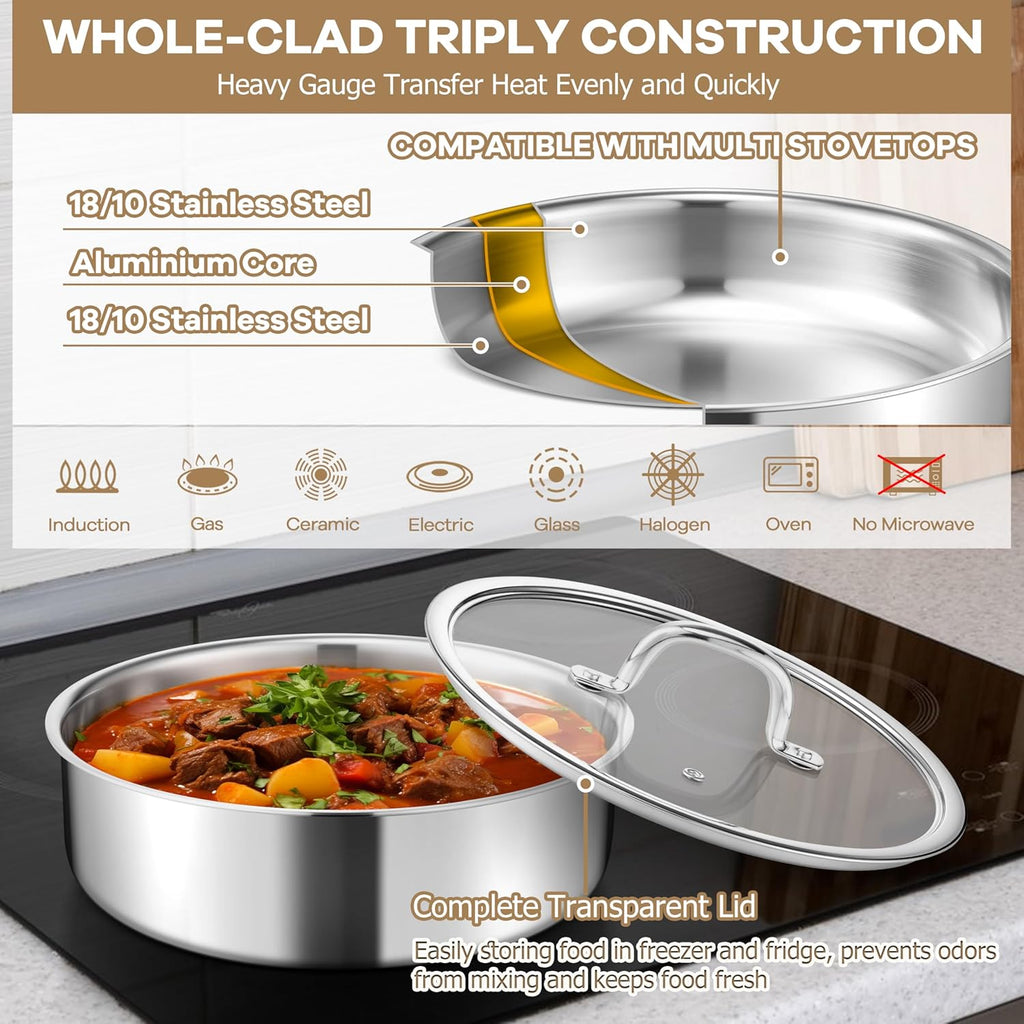 E-far 9pcs Stainless Steel Cookware Set, 3-Ply Pots and Pans Set w/Detachable Handle & Lid, Induction Cookware Kitchen Cooking Set for RV Camping, Nontoxic Whole Clad Frying/Saute/Sauce Pan, Oven Safe