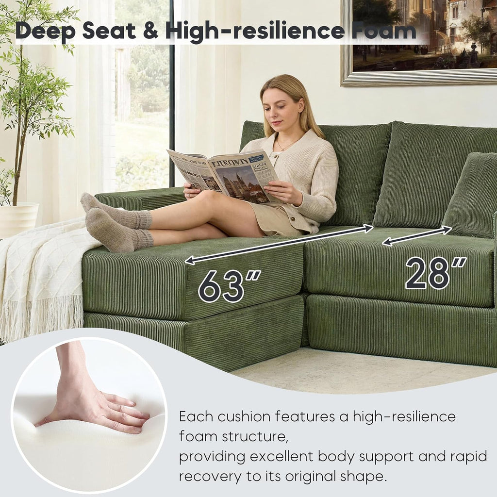 L Shaped Modular Sofa Bed with Ottoman, Corduroy Folding Floor Convertible Sofa Couch Bed, Boneless Combination Design Loveseat Sleeper Couch with Non Slip Base for Living Room, Green