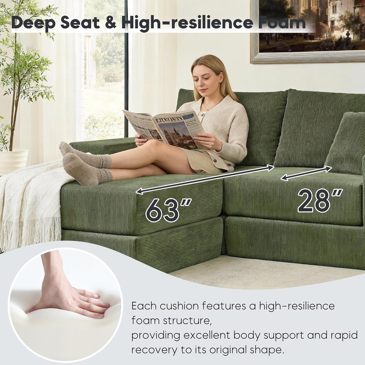 L Shaped Modular Sofa Bed with Ottoman, Corduroy Folding Floor Convertible Sofa Couch Bed, Boneless Combination Design Loveseat Sleeper Couch with Non Slip Base for Living Room, Green