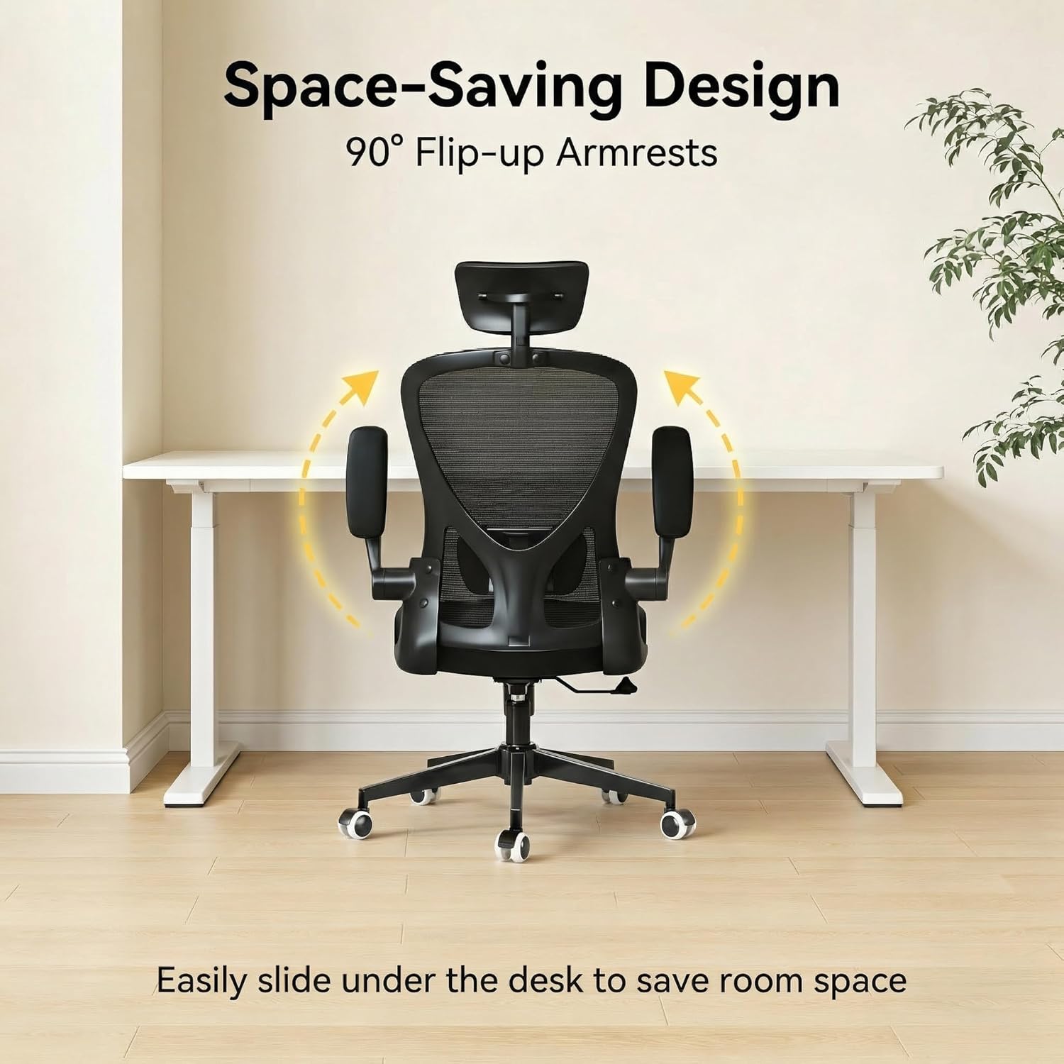 Office Chair with Adjustable Lumbar Support & Flip-Up Armrests -Ergonomic High Back Computer Desk Chair with Thickened Seat Cushion, Rolling Wheels for Home/Office Study Work (02H-Black)