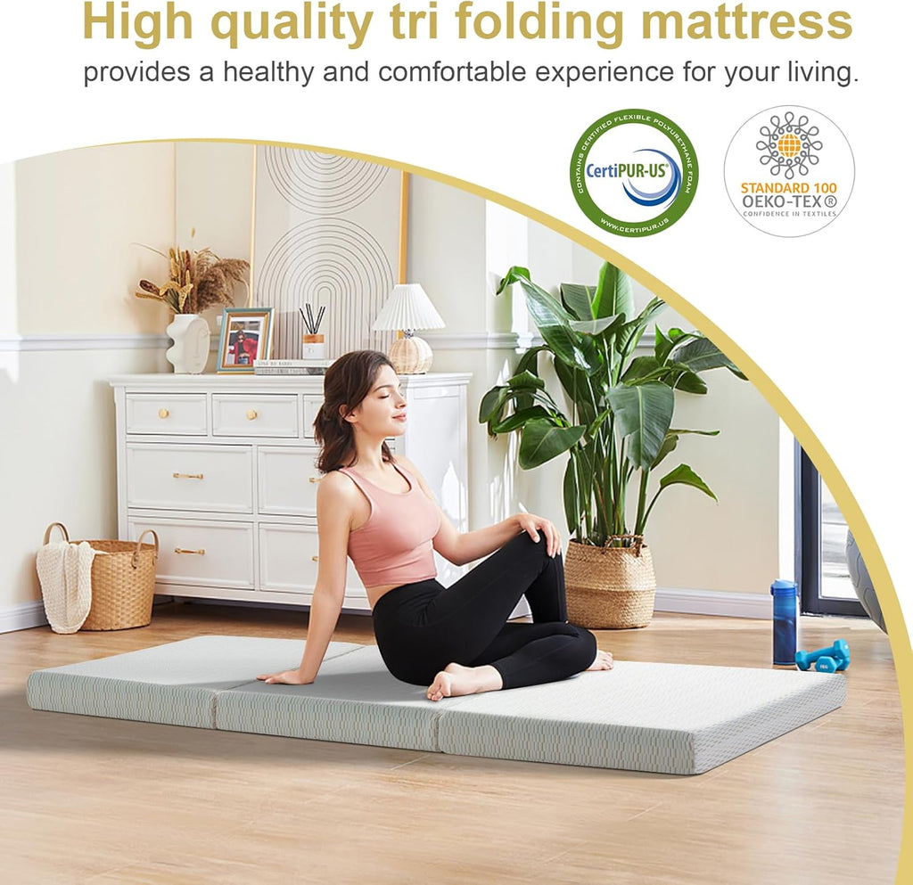 MUUEGM Tri Folding Mattress 6 Inch Queen Tri Fold Memory Foam Mattress Foldable Bed Mattress with Washable Cover Portable Mattress Topper for Yoga/Camping/RV/Guest Beds,CertiPUR-US Certified