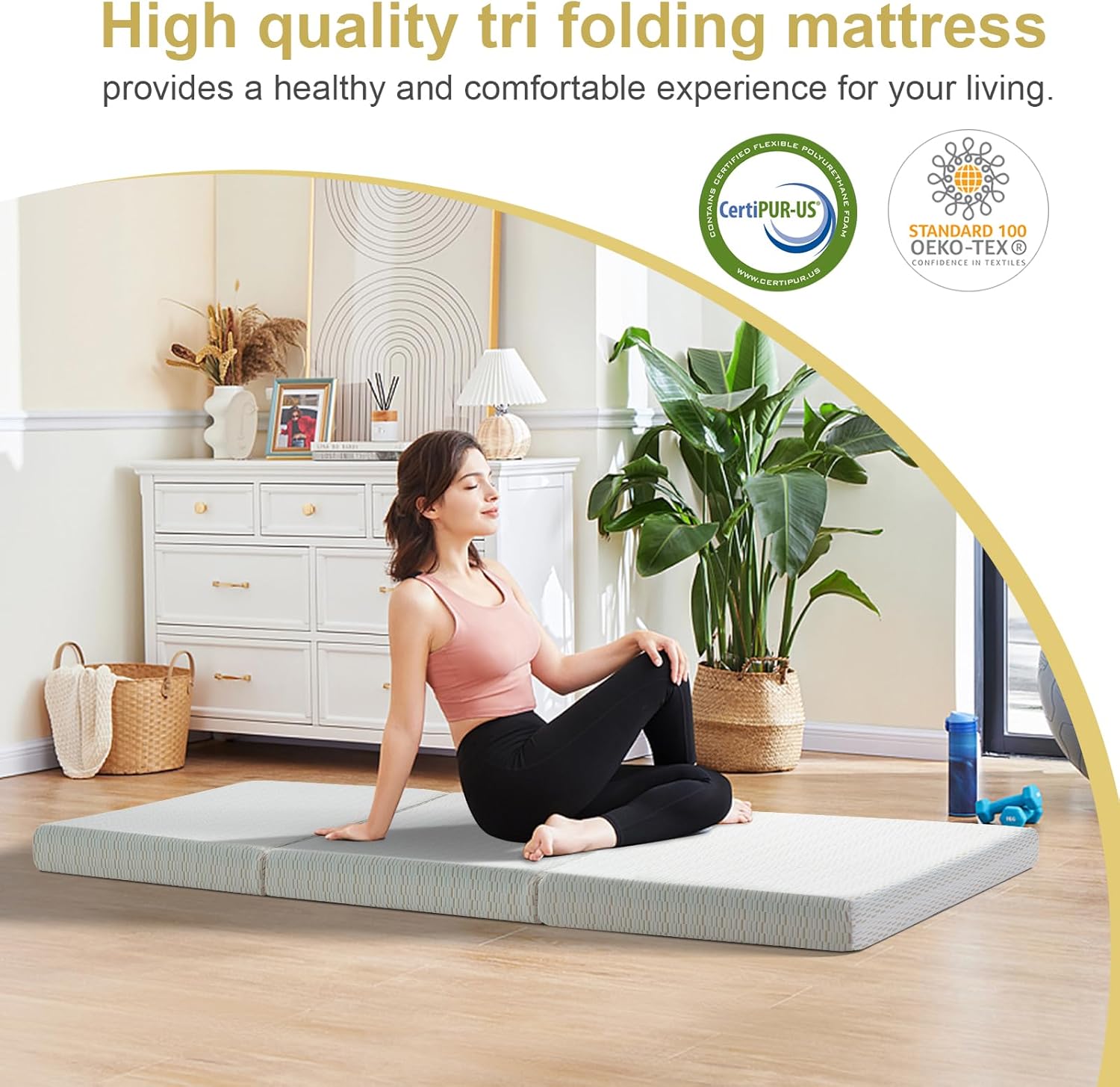 MUUEGM Tri Folding Mattress 6 Inch Queen Tri Fold Memory Foam Mattress Foldable Bed Mattress with Washable Cover Portable Mattress Topper for Yoga/Camping/RV/Guest Beds,CertiPUR-US Certified