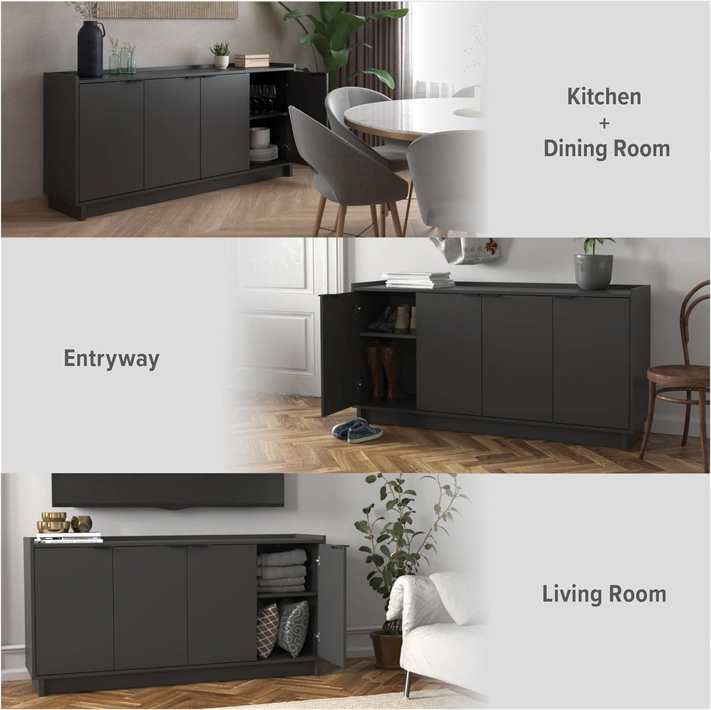 Prepac Simply Modern 4 Door Console Table Storage Cabinet, Buffet Cabinet for Storage and Organization, Modern Side Table with Doors & Shelves, 60”W x 30”H x 16”D, Black