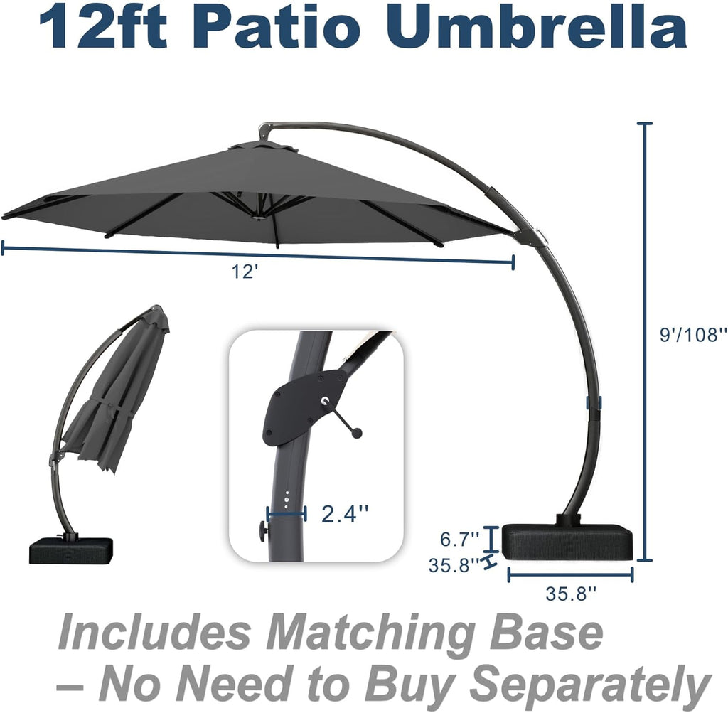 12FT Cantilever Umbrella with Base Large Curvy Outdoor Aluminum Offset Umbrella w/ 360° Rotation  UV Resistant Canopy for Patio  Garden  Backyard  Grey
