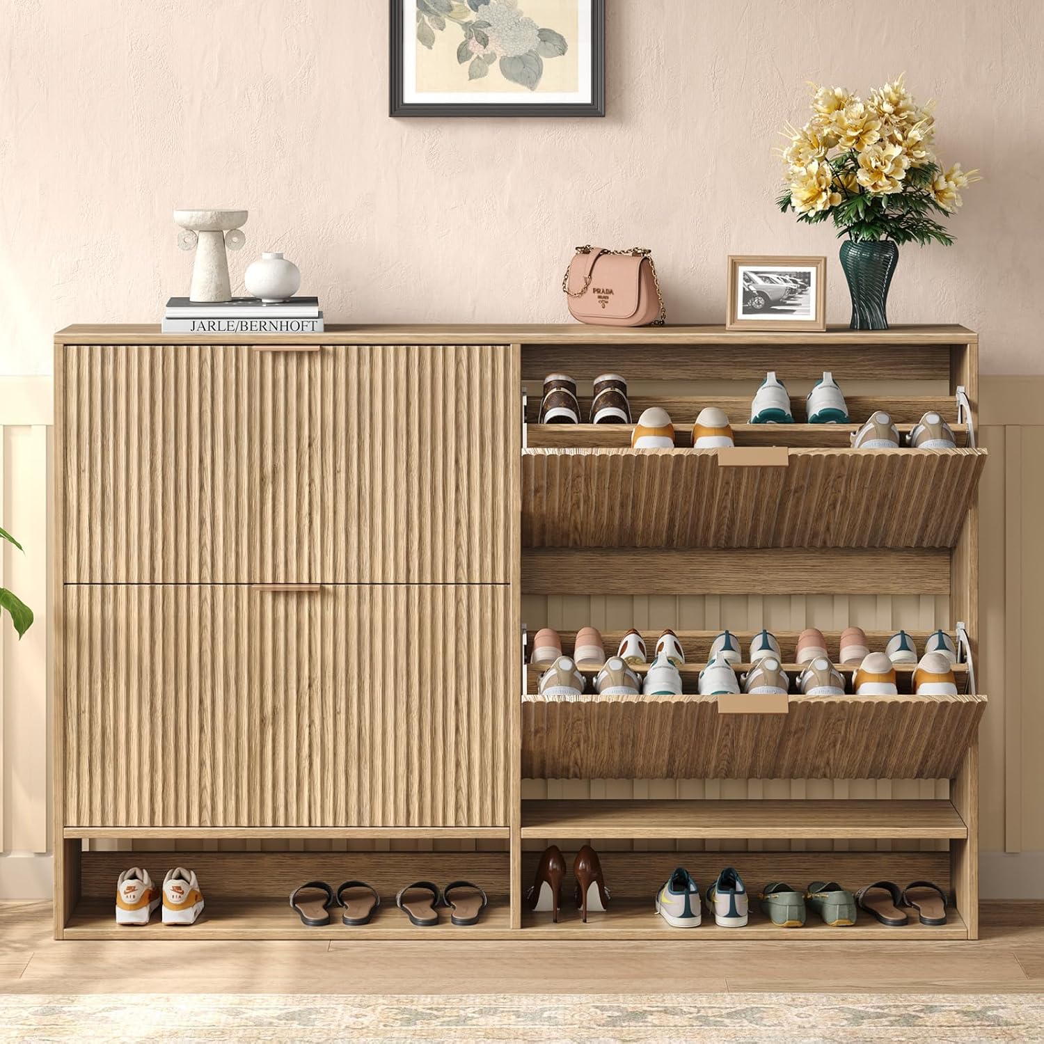 47.2''W Oak Shoe Storage Cabinet for Entryway with 4 Flip Drawers, Narrow Wood Fluted Shoe Rack Cabinet,Freestanding Slim Shoe Organizer Cabinet for Foyer, Hallway