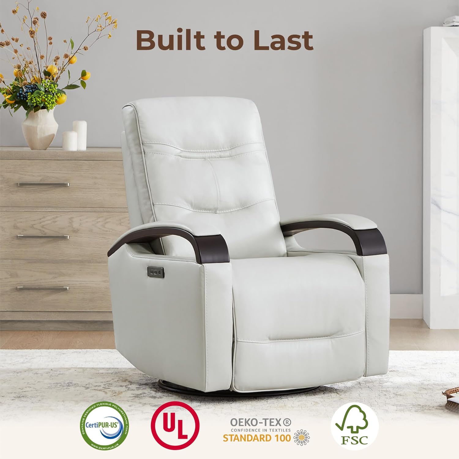 CHITA Genuine Leather Power Swivel Glider Rocker Recliner, FSC Certified Mid Century Modern Recliner Chair for Adults, Adjustable Power Headrest, for Nursery and Living Room, Creamy Grey
