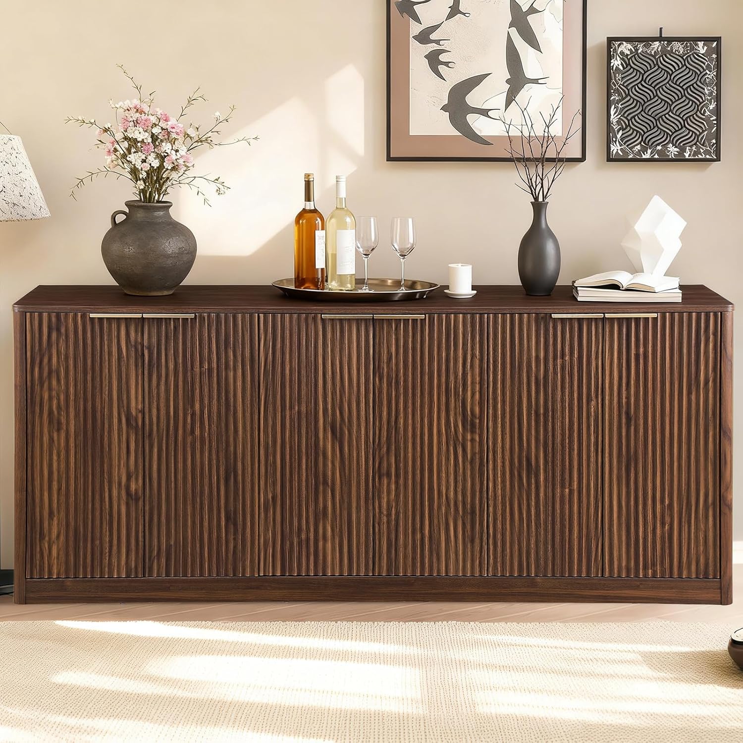 67" Fluted Buffet Cabinet Sideboard with Storage, Large Credenza with 6 Doors Accent Storage Cabinets Mid Century Modern Sideboard for Living Room Kitchen (Walnut)
