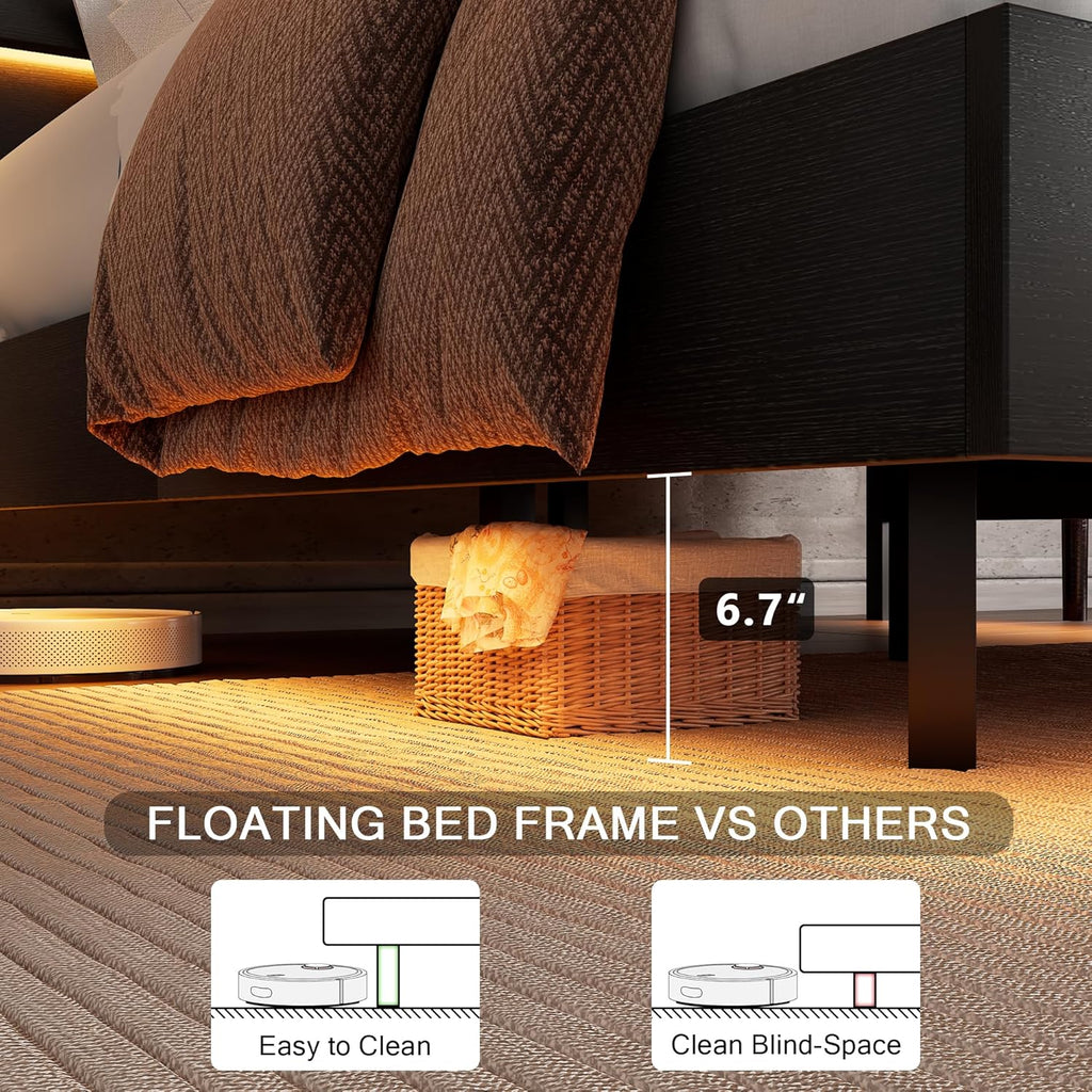 Floating Bed Frame Queen Size with Led Headboard and Charging Station, Metal Platform Bed Base with Storage, Remote Control, Heavy Slats Support, No Box Spring Needed, Noise Free, Black