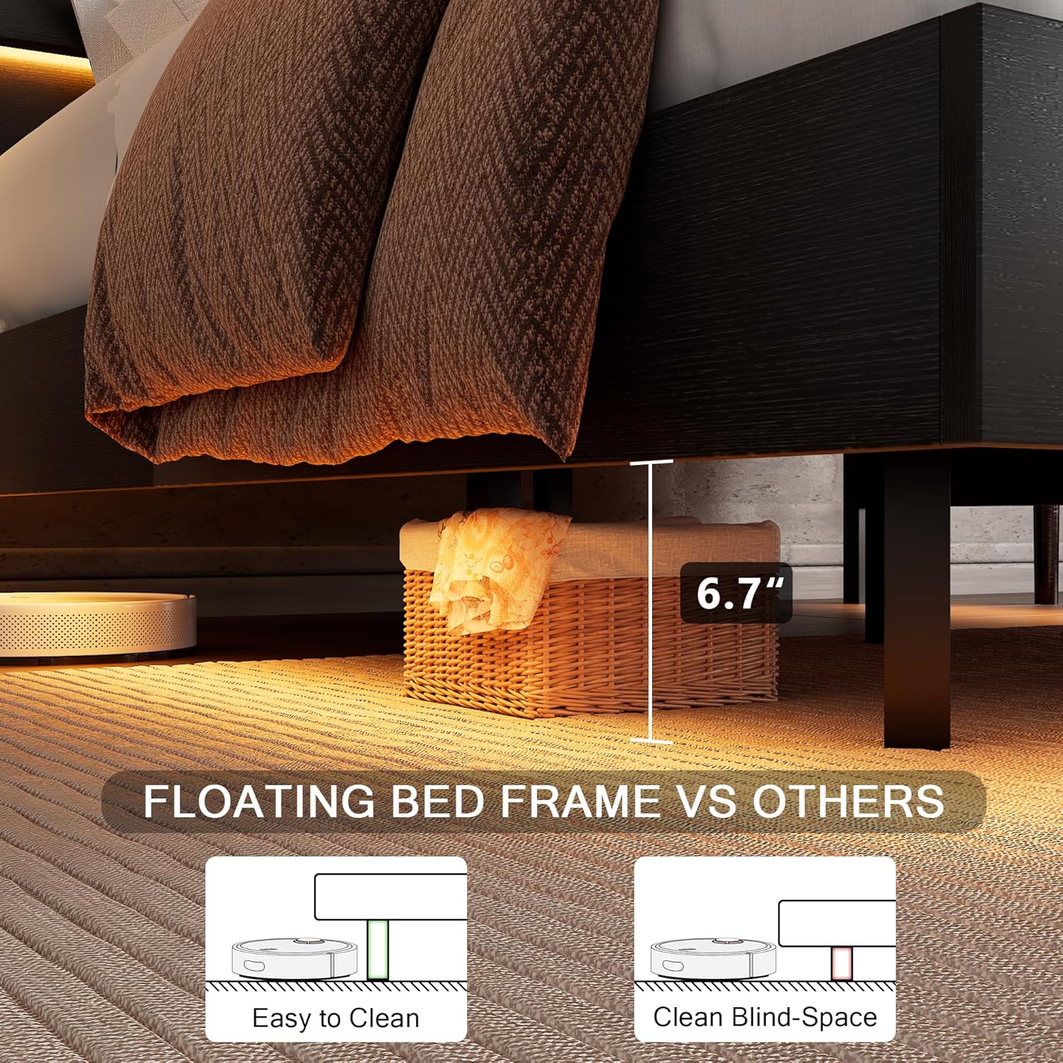 Floating Bed Frame Queen Size with Led Headboard and Charging Station, Metal Platform Bed Base with Storage, Remote Control, Heavy Slats Support, No Box Spring Needed, Noise Free, Black