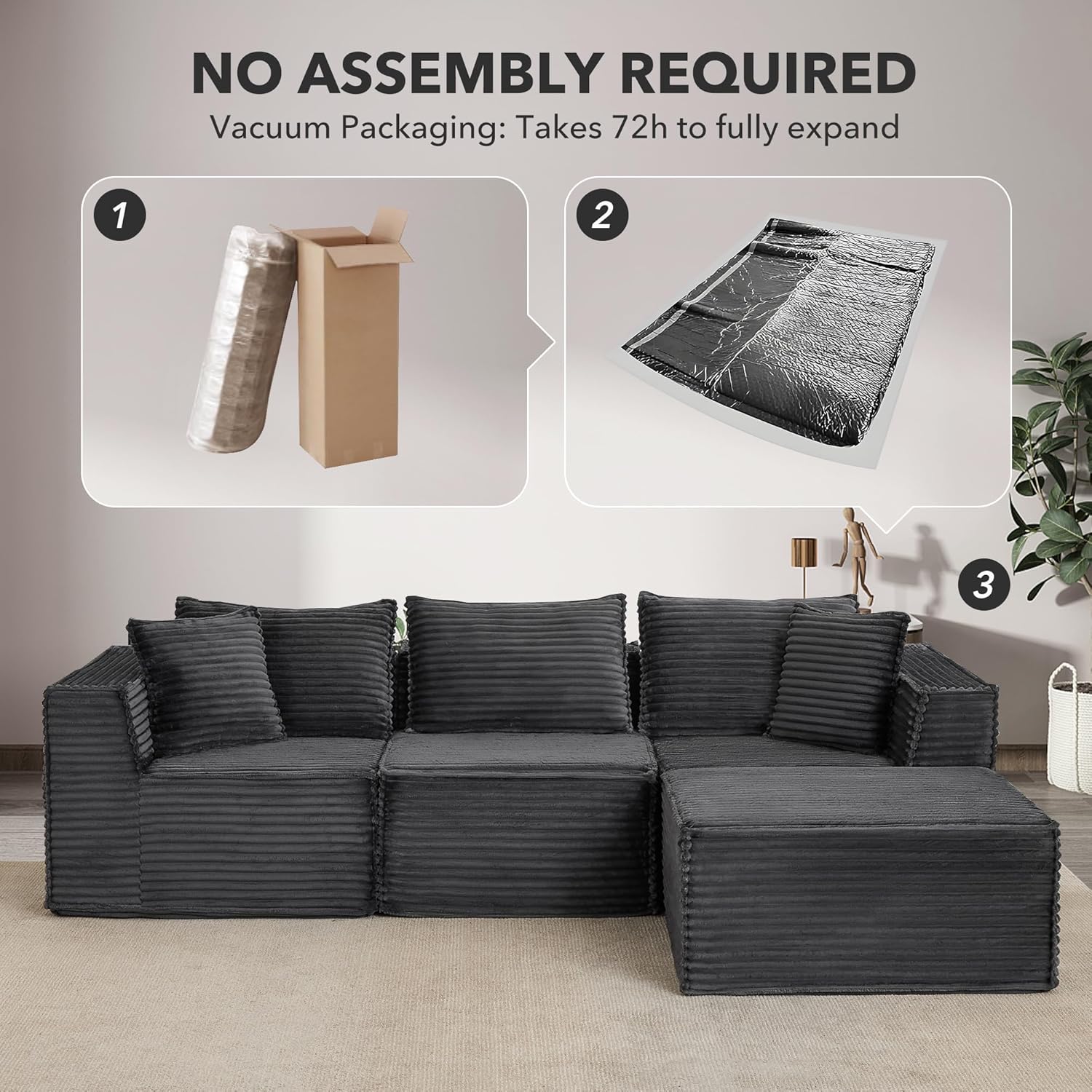 107" Modular Sectional Cloud Couch for Living Room,Deep Seat Boneless Couch,Convertible Sofas with Ottomans,No Assembly Compression Sofas, Comfy Floor Sofa with Memory Foam (3 Seater+1 Ottoman),Grey