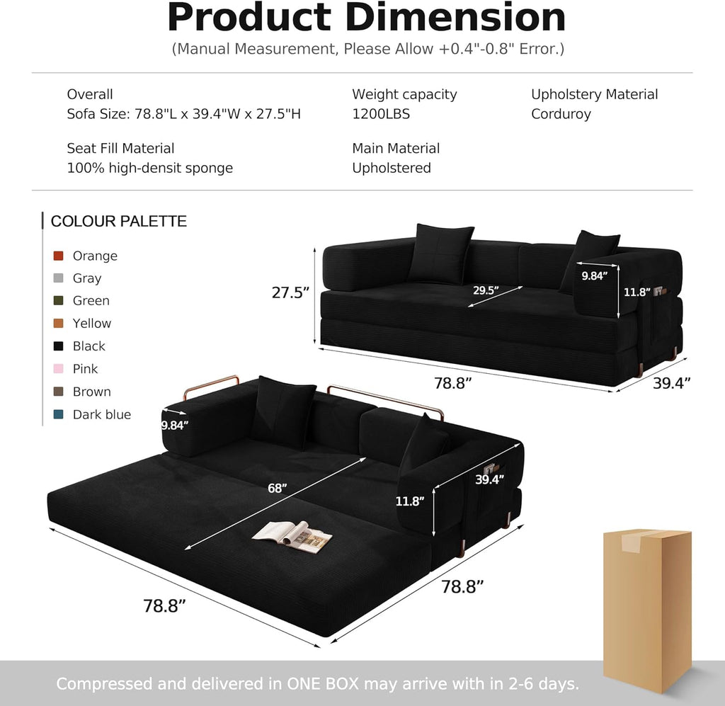 MoonSpeak 78.8''Sleeper Couch Bed for Livingroom .Convertible Modular Sofa with Armrest Pillow .Modular Fldable Corduroy Couches in a Box,No Assembly (Black)