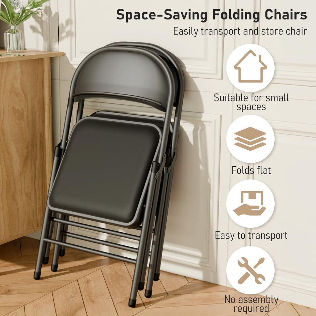 Black Padded Folding Chairs 6 Pack, 350LBS Heavy-Duty Steel Frame Foldable Chairs for Indoor Outdoor Wedding Party Dining Events