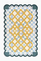 Hand-Tufted Wool Rug with Scalloped Edges | Checkered Light Blue Plaid Pattern Yellow Motif | Cozy Soft Area Rugs Carpet for Living Room, Bedroom, Nursery (Light Blue, Mustard Yellow, 5' x 8')