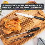 Viking Cutting Board and 3-Piece Carving Set, Oversized Acacia Wood Carving Board with Fork, Knife, and Sharpening Steel, 21.8 x 14.6 Inch