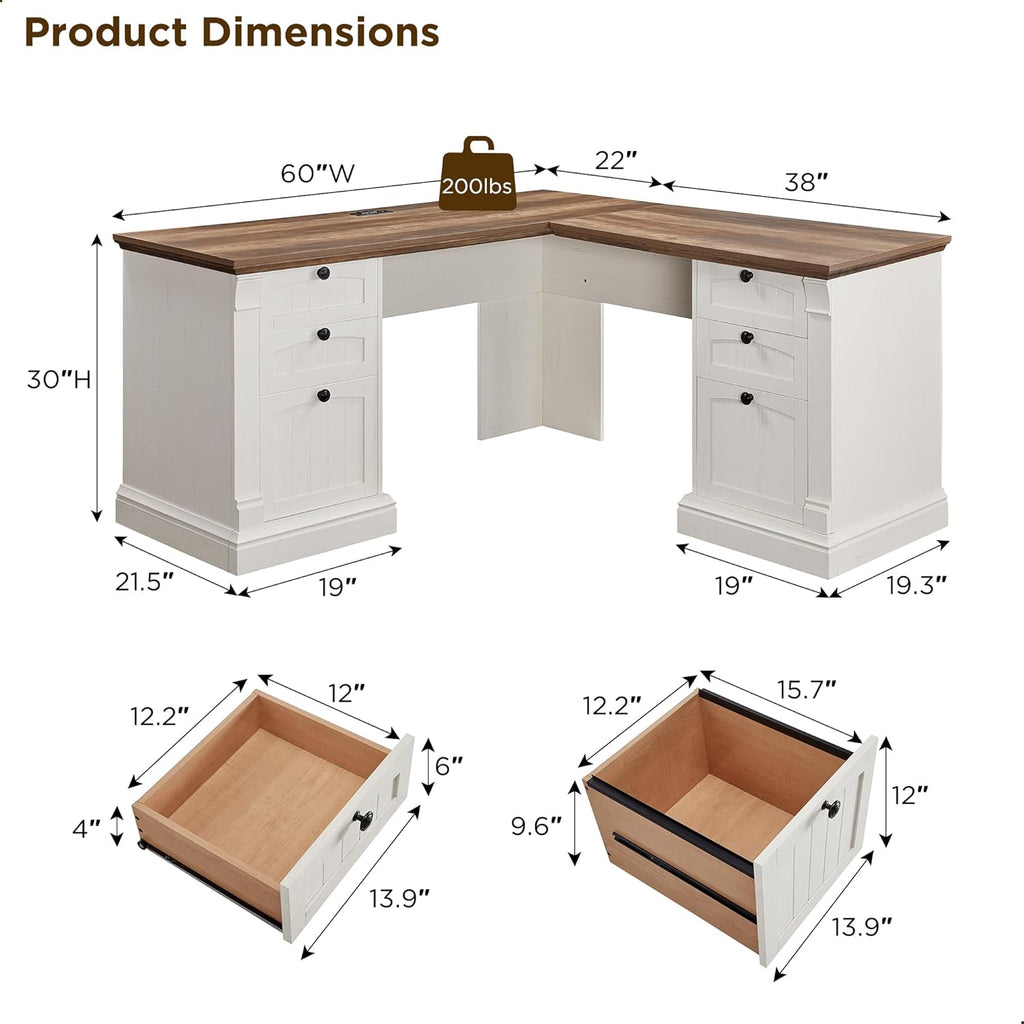 OKD 60" L Shaped Executive Desk with Drawers, Farmhouse Home Office Desk with Charging Station, File Cabinet Storage, Wood Corner Computer Desk for Work and Study, Antique White
