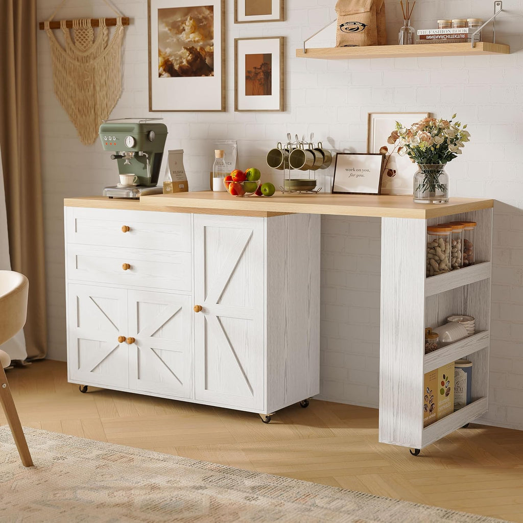 IRONCK Kitchen Island on Wheels with Storage, 71in Mobile Kitchen Cart with 3 Shelves and Drawers, Rolling Island with 360°Rotating Tabletop and Spice Rack, White