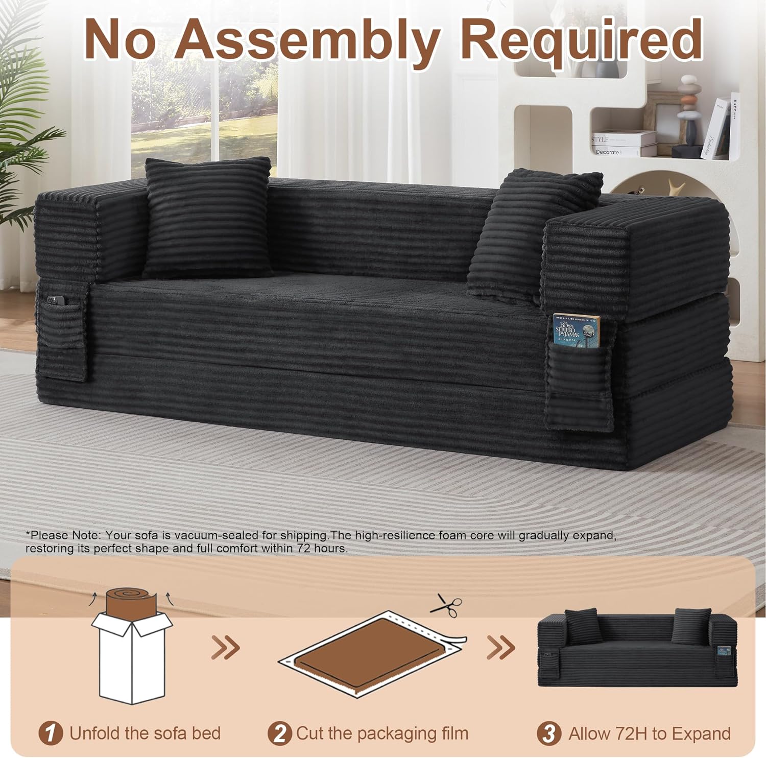 80 Inch Convertible Sofa Bed, Oversized Boneless Couch with High Arms, Deep Seat Corduroy Sleeper Sofa, Folding Floor Couch with Side Pockets, No Assembly Cloud Lounge for Living Room (Dark Grey)