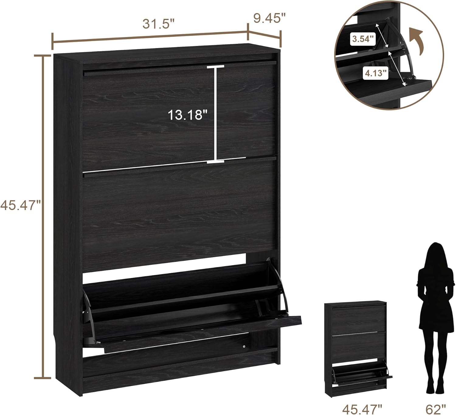 Shoe Cabinet with 3 Flip Drawers, 31.5" W Narrow Shoe Storage Cabinet for Entryway, Slim Shoe Organizer with Adjustable Shelves, Freestanding Shoe Rack for Hallway, Living Room, Black