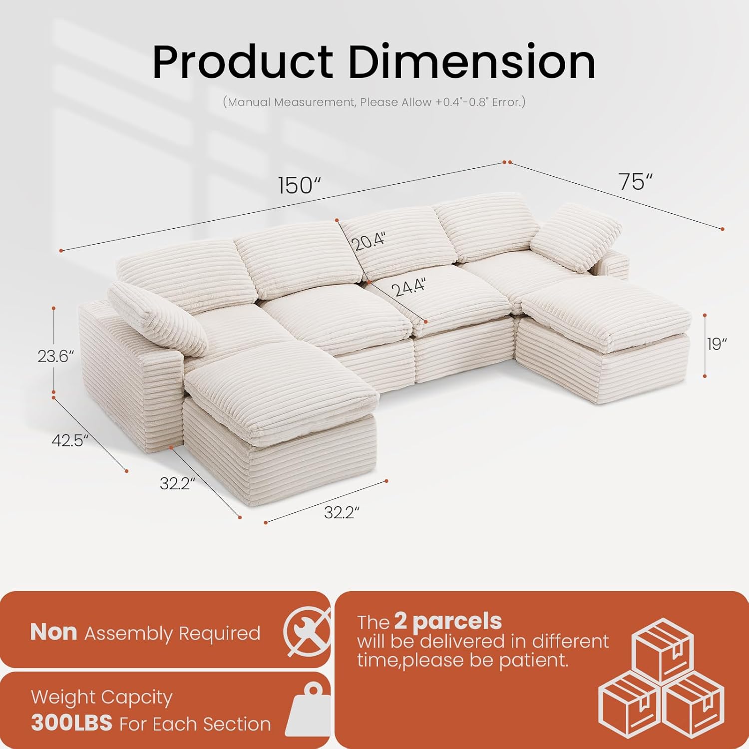 KKL 150" U Shaped Sectional Modular Boneless Sofa, 6 Seater Cloud Couch with Ottoman, Corduroy Sectional Couches for Living Room Bedroom, Beige