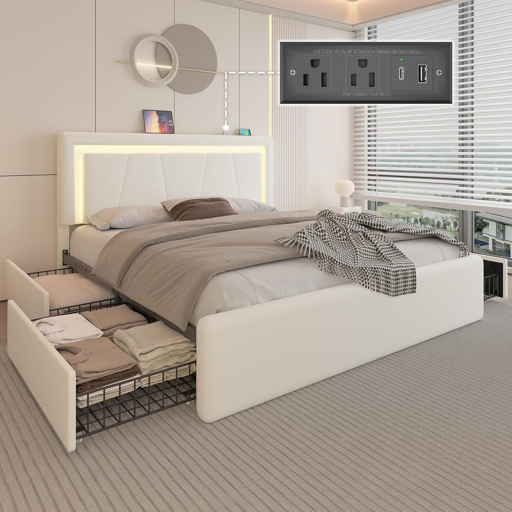 Full Size Bed Frame with 4 Storage Drawers and LED Lights, Upholstered Platform Bed with Adjustable Headboard and Charging Station, Metal Slats Support, No Box Spring Needed,Easy Assembly, White